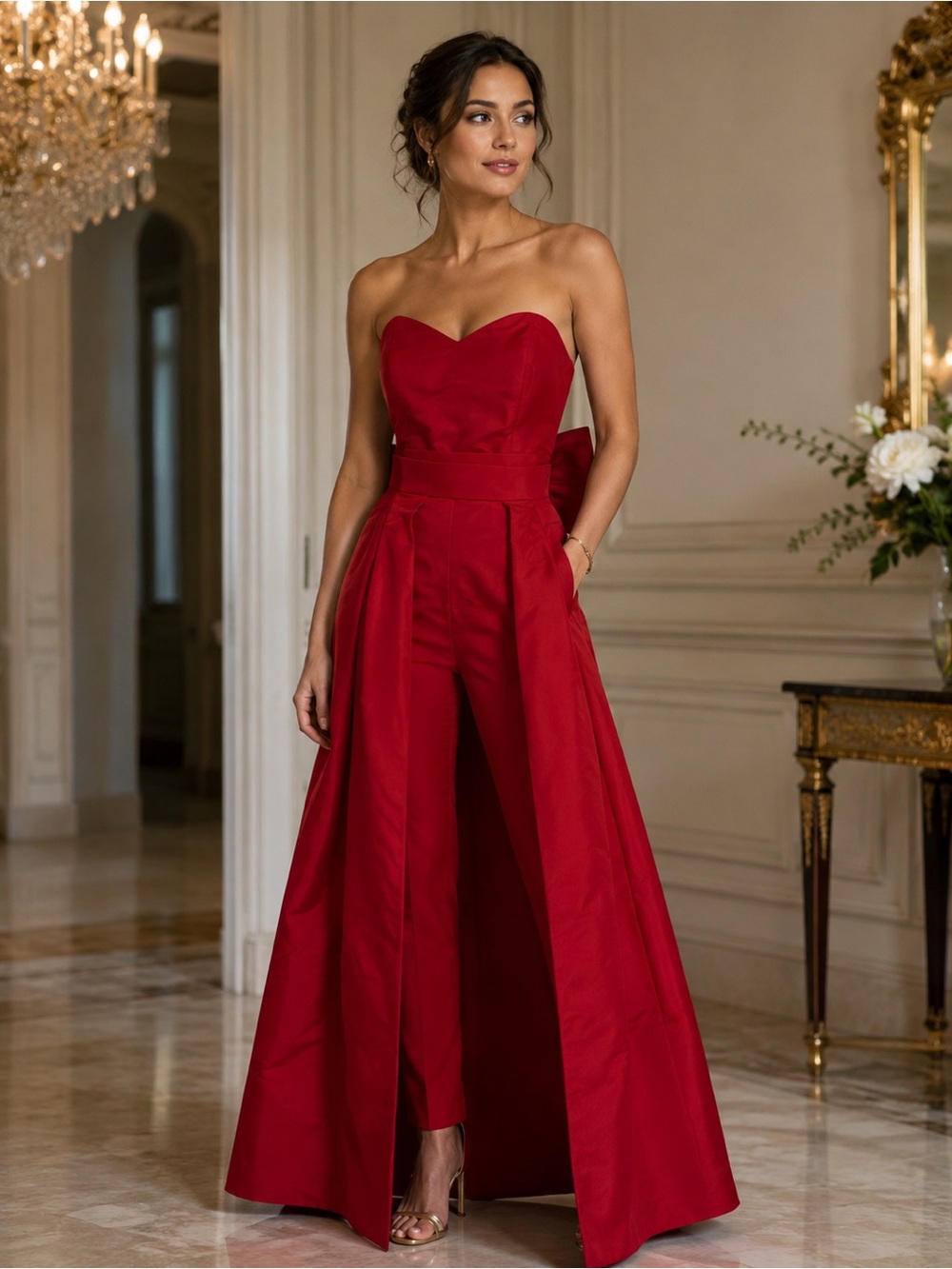 Red Strapless Evening Gown with Sculpted Bow Waist, removable skirt 100% Silk